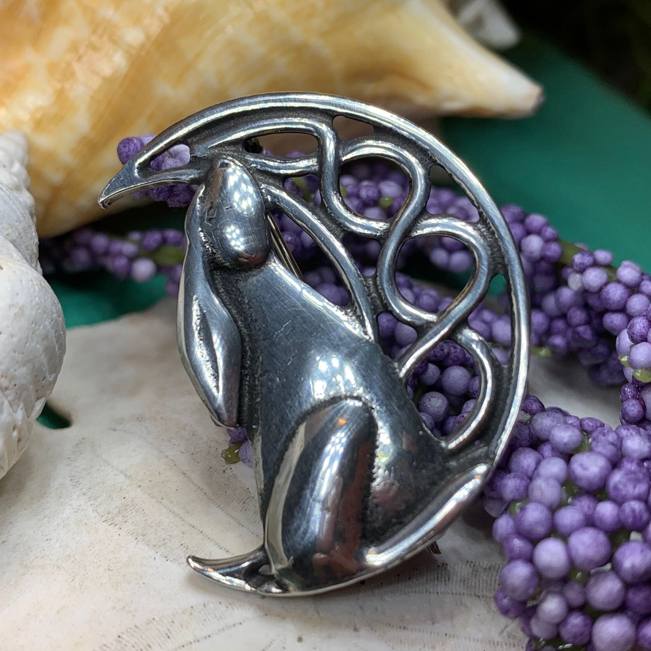 Evanora Celtic Rabbit Moon Pin in Pewter