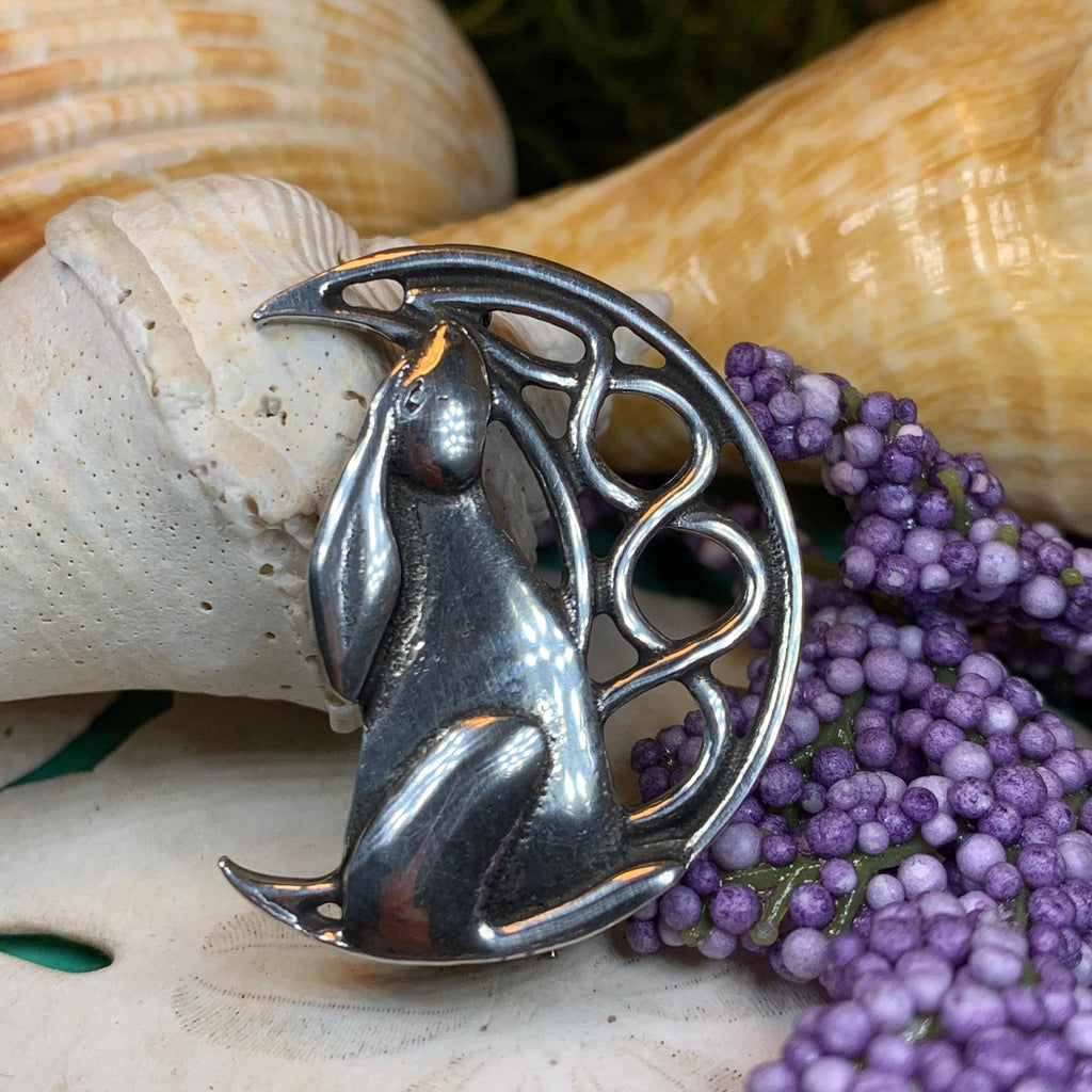 Evanora Celtic Rabbit Moon Pin in Pewter