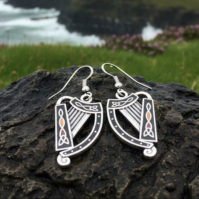 Celtic Irish Harp Enamel Earrings for Women