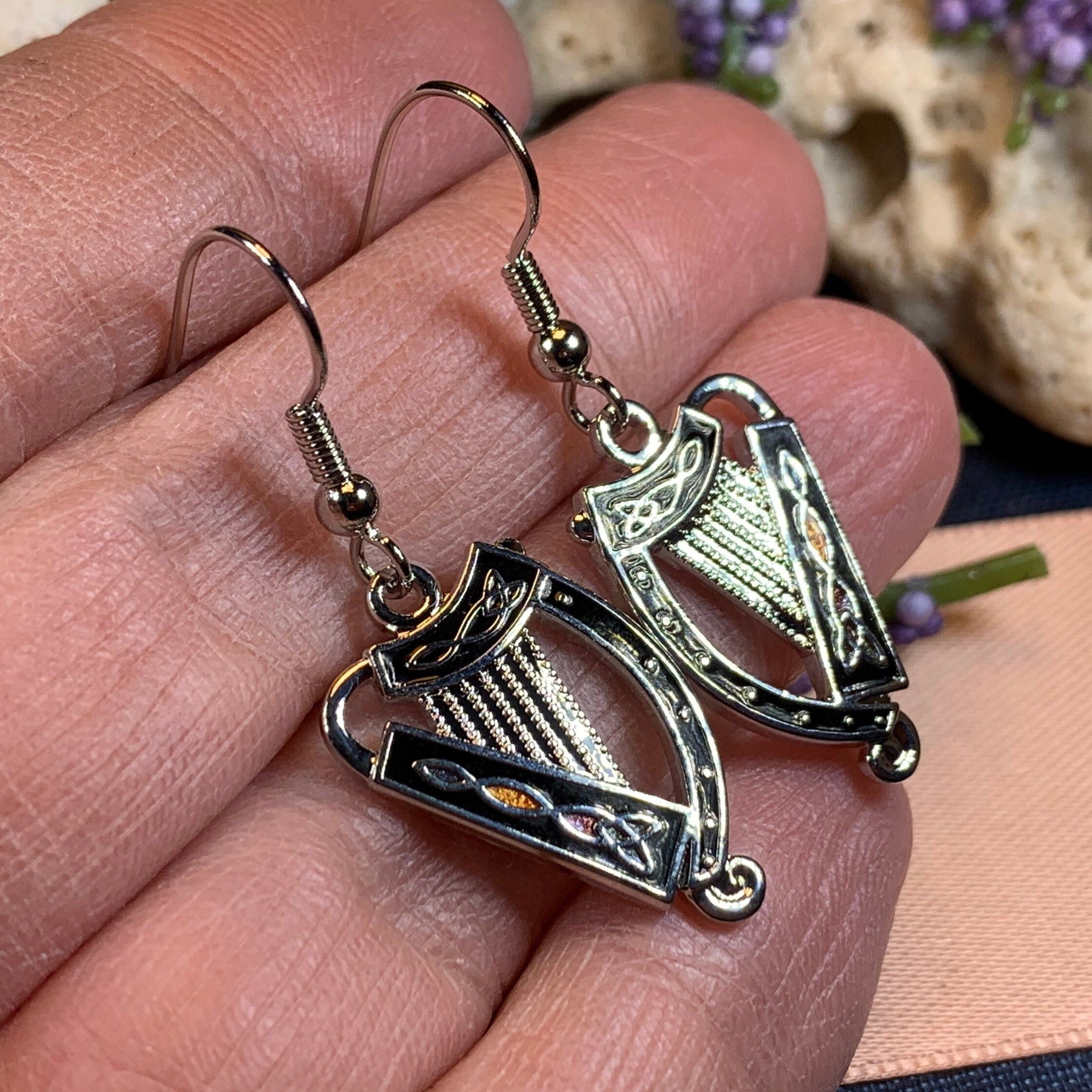 Celtic Irish Harp Enamel Earrings for Women
