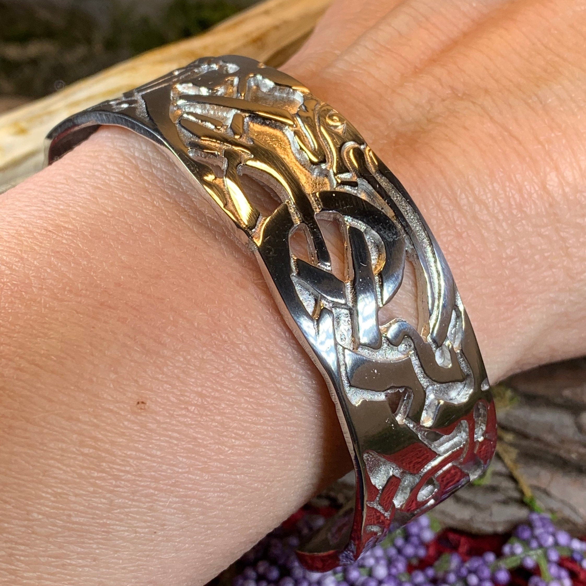 Celtic Wolf Cuff Bracelet - Handmade in Scotland