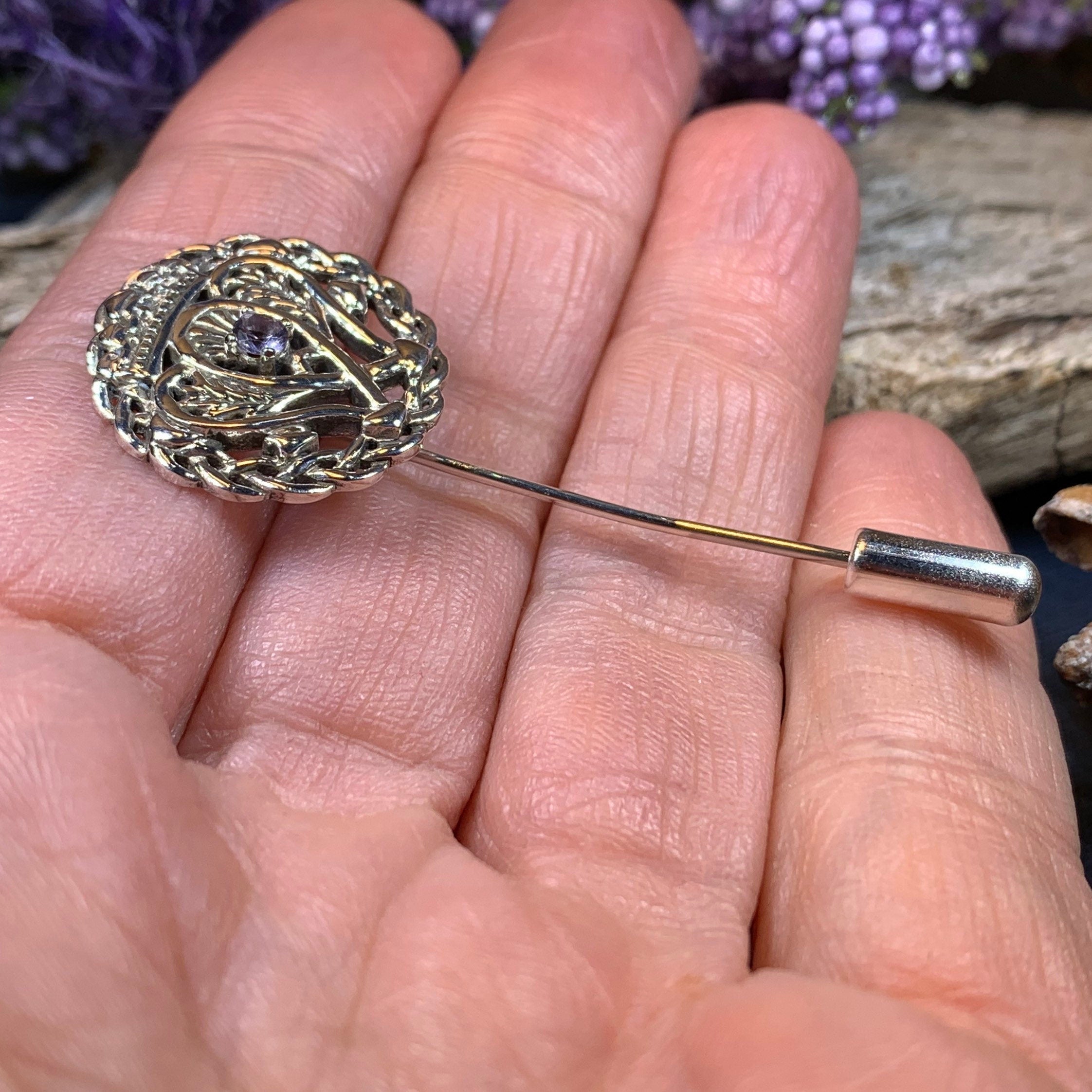 Luckenbooth Amethyst Stick Pin - Handmade in Scotland