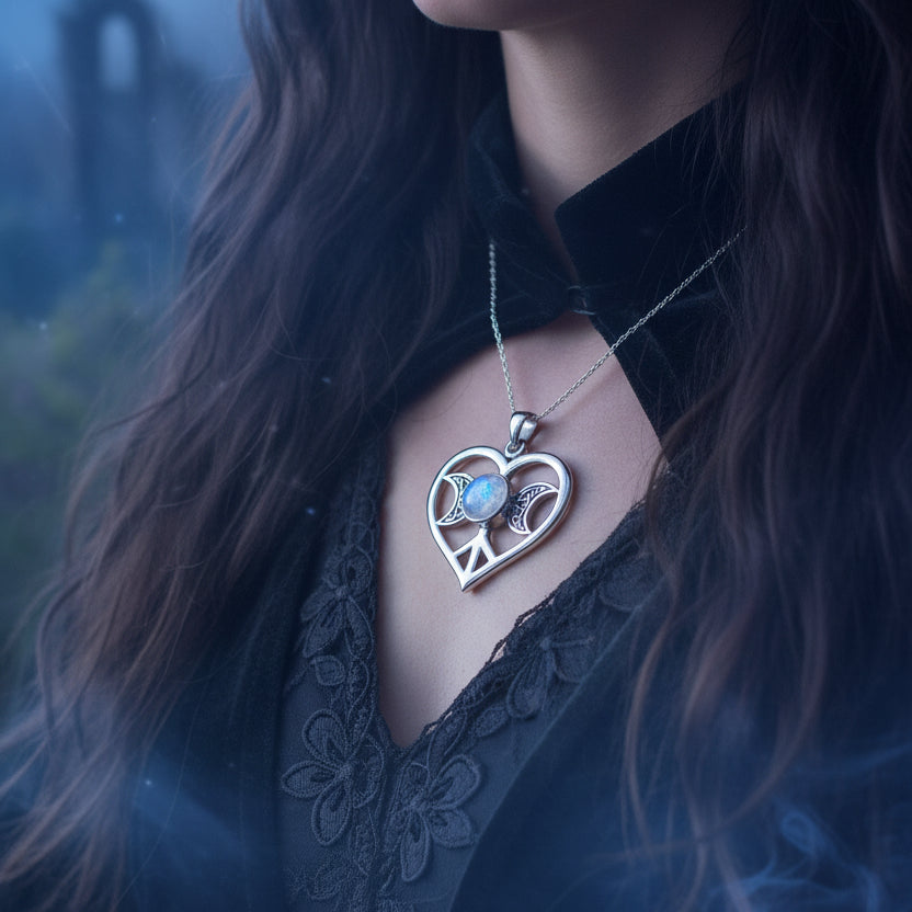 Morgance Triple Moon Love Necklace with Rainbow Moonstone