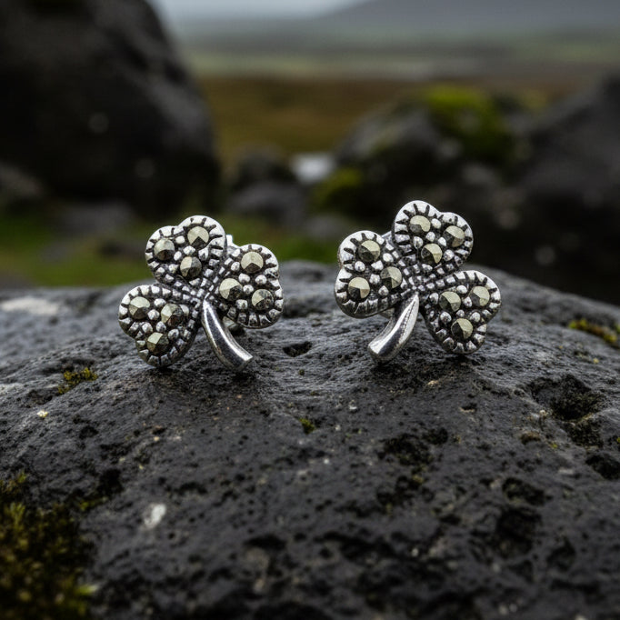 Marcasite Irish Shamrock Earrings in Sterling Silver