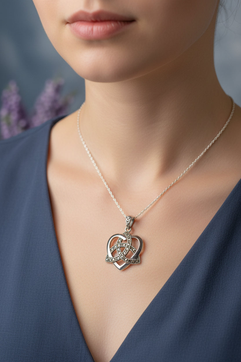 Marcasite Celtic Love Knot Necklace in Sterling Silver