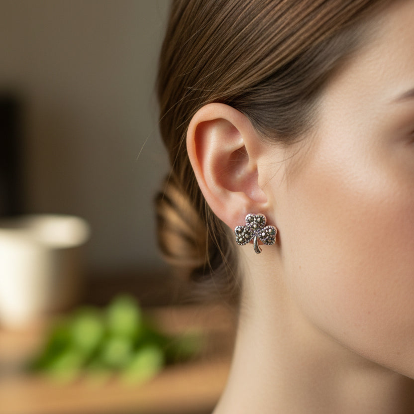 Marcasite Irish Shamrock Earrings in Sterling Silver