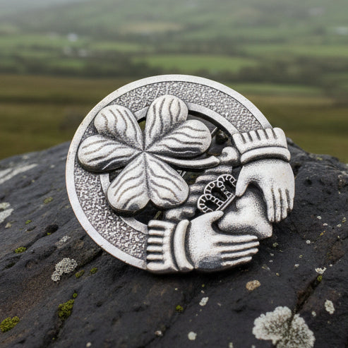 Classic Claddagh Shamrock Brooch