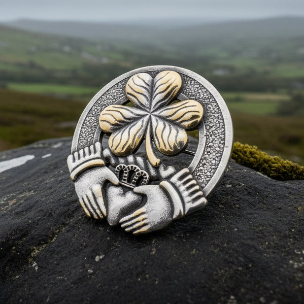 Classic Claddagh Shamrock Brooch