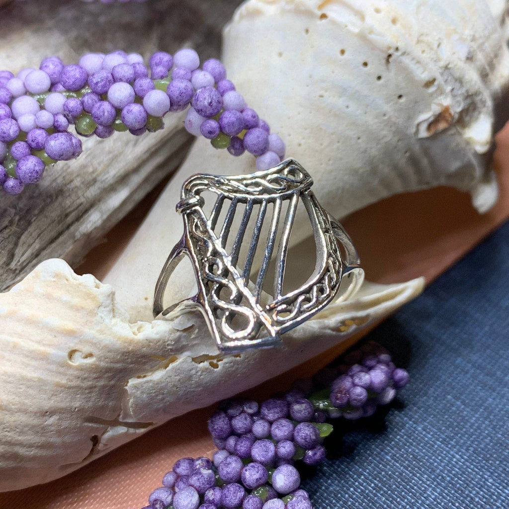 Green Isle Celtic Harp Ring - Irish Ring in Sterling Silver