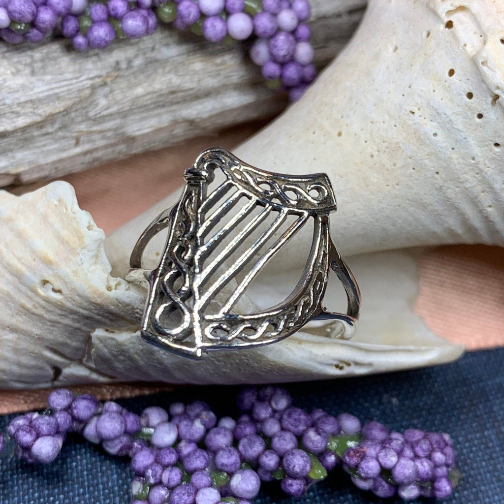 Green Isle Celtic Harp Ring - Irish Ring in Sterling Silver