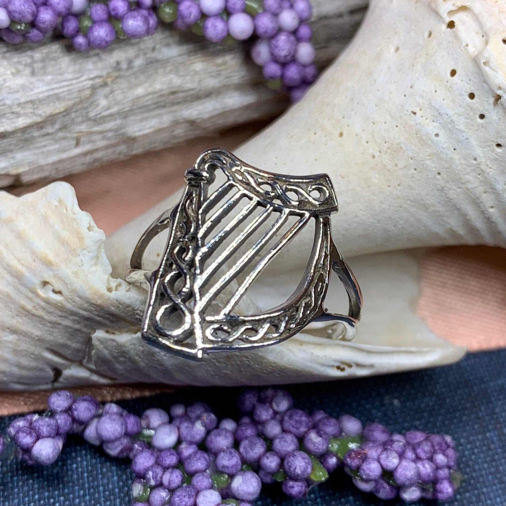 Green Isle Celtic Harp Ring - Irish Ring in Sterling Silver