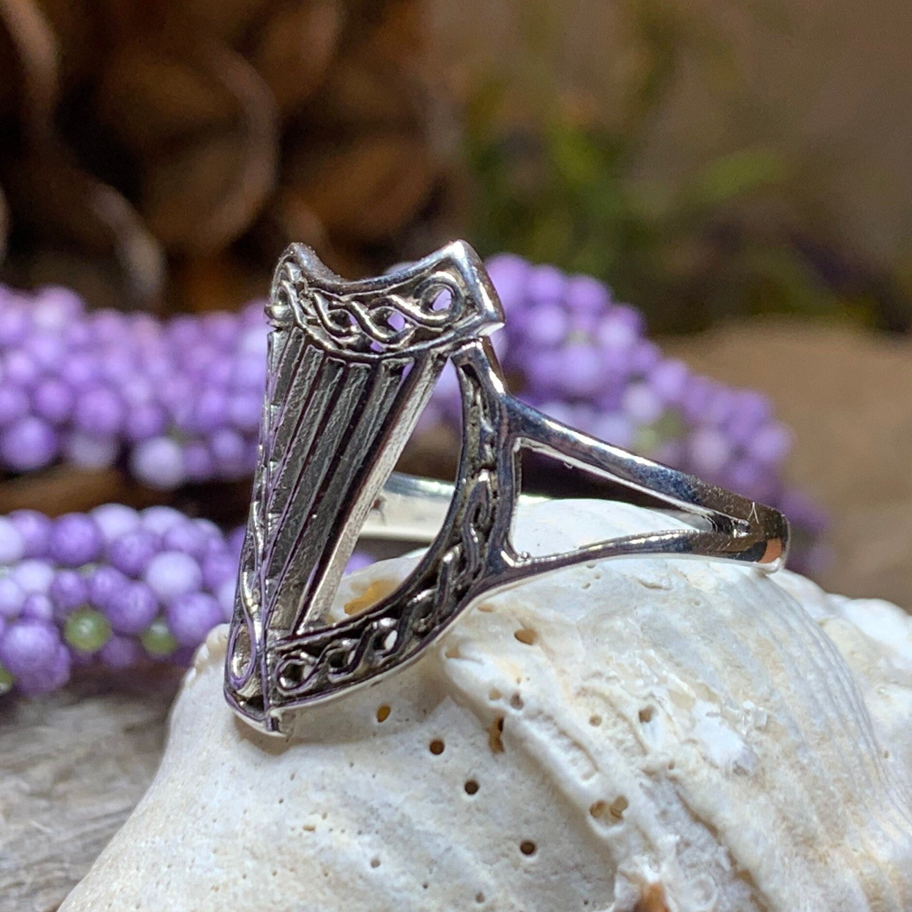 Green Isle Celtic Harp Ring - Irish Ring in Sterling Silver