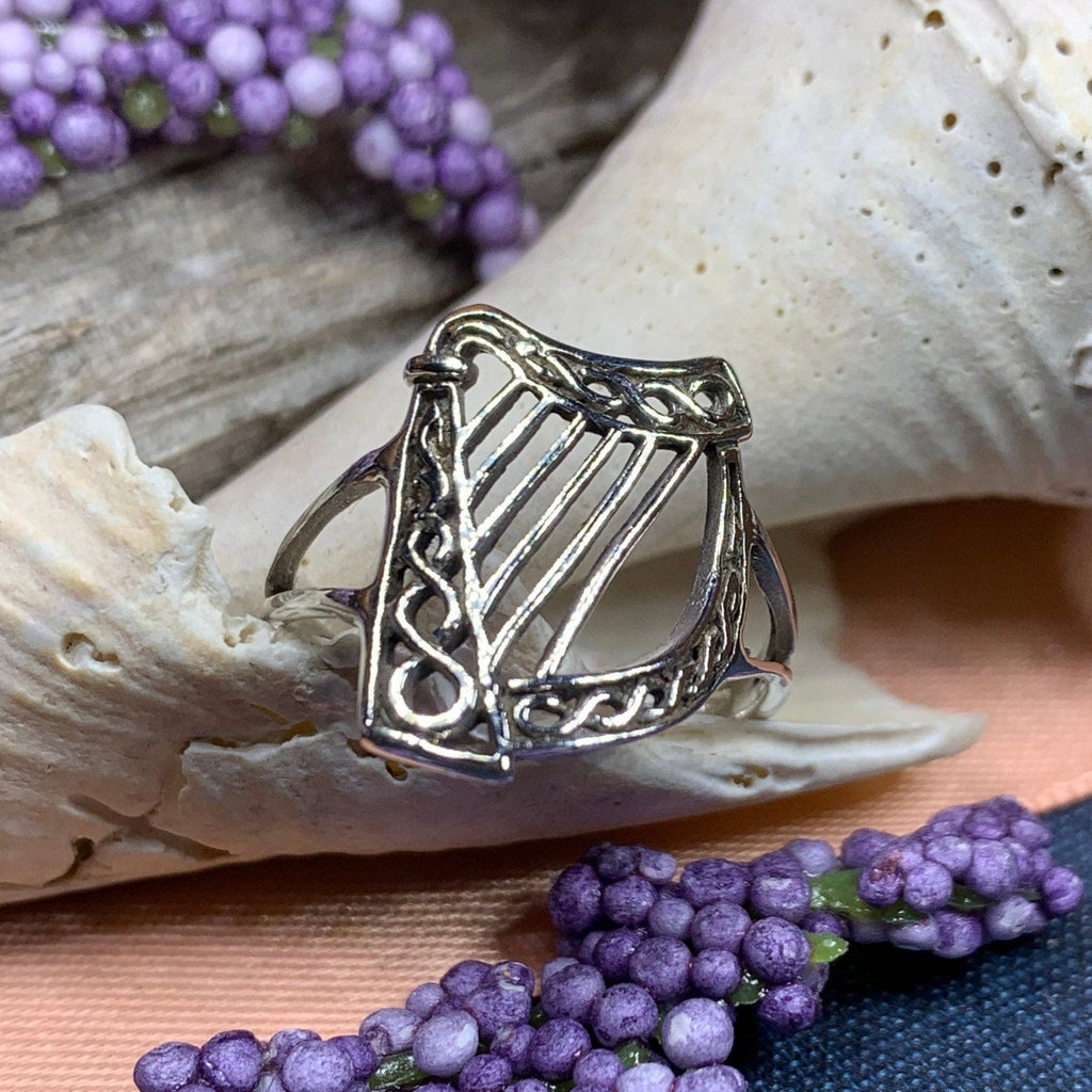 Green Isle Celtic Harp Ring - Irish Ring in Sterling Silver
