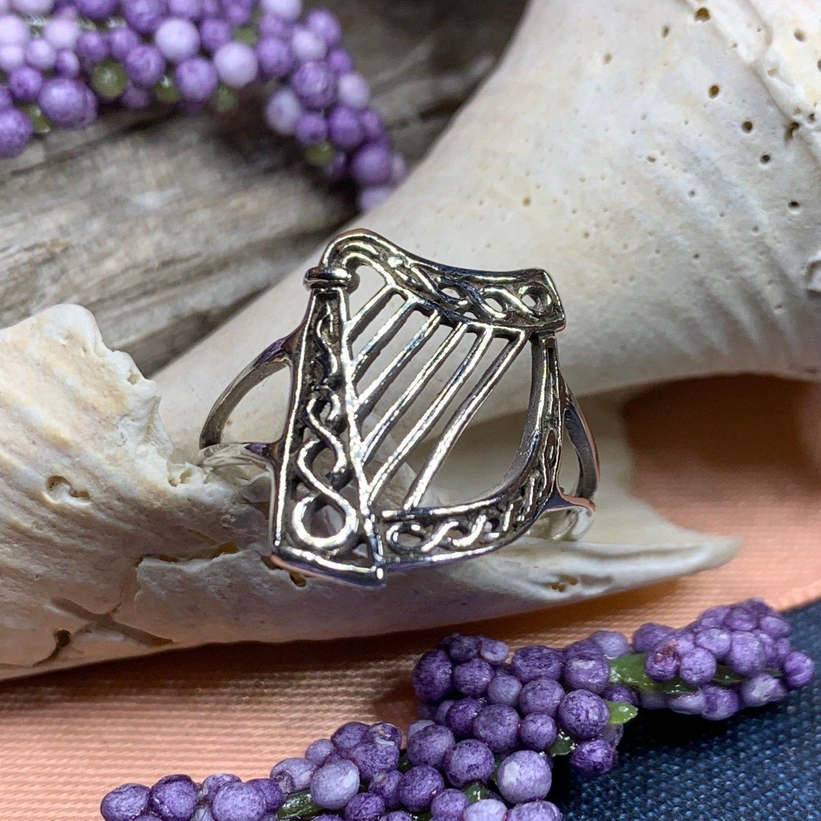 Green Isle Celtic Harp Ring - Irish Ring in Sterling Silver