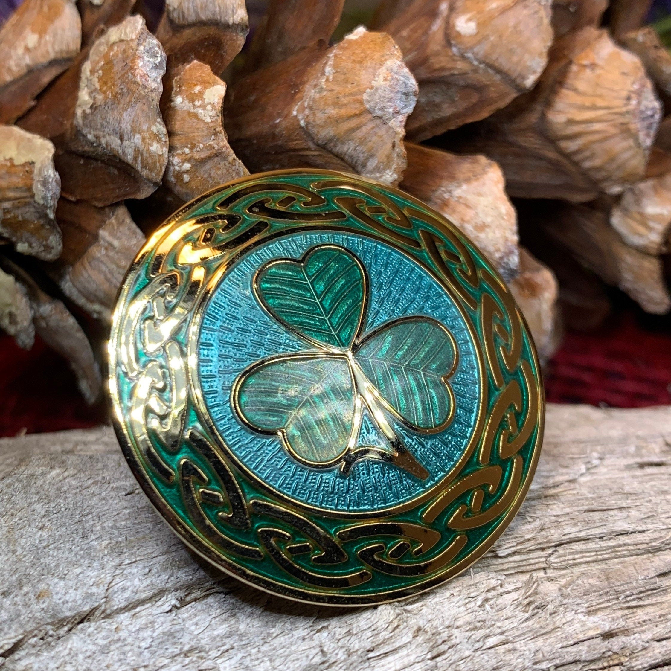 Celtic Shamrock Enamel Brooch - Irish Jewelry