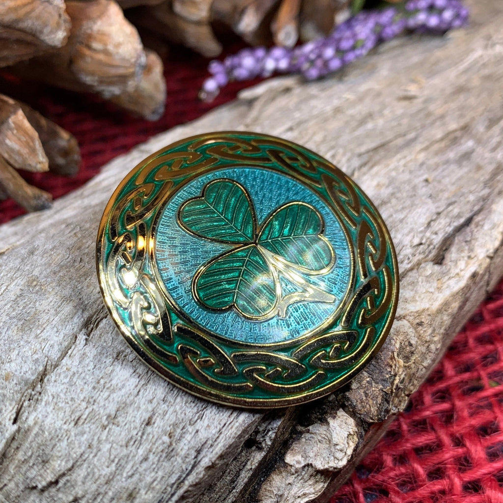Celtic Shamrock Enamel Brooch - Irish Jewelry