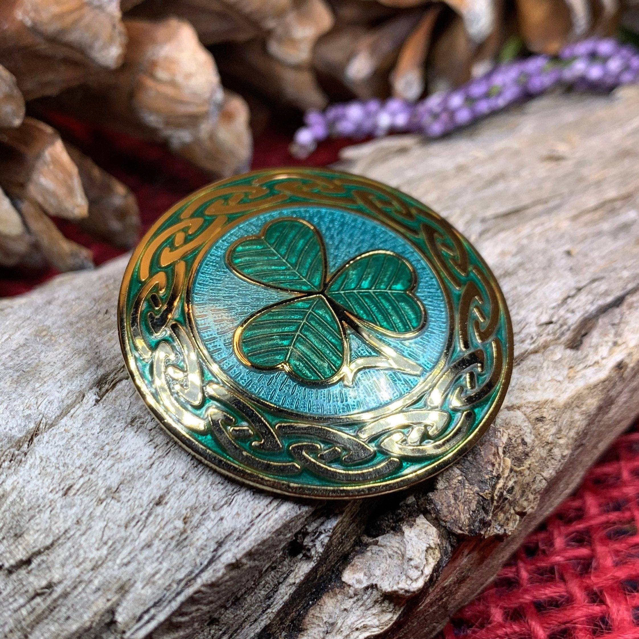 Celtic Shamrock Enamel Brooch - Irish Jewelry