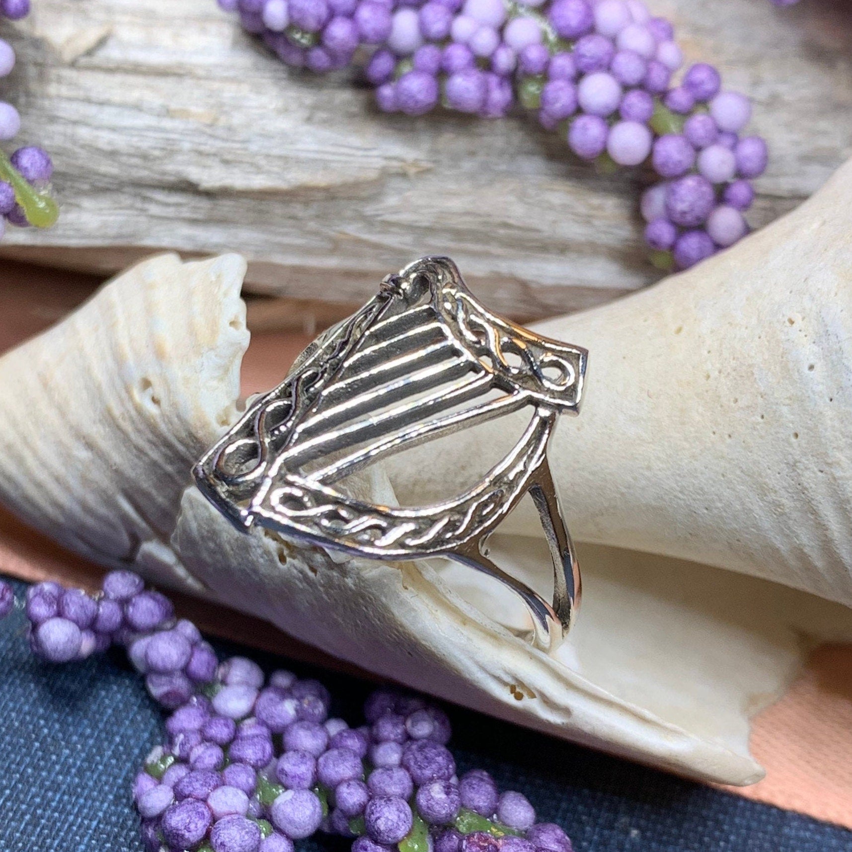 Green Isle Celtic Harp Ring - Irish Ring in Sterling Silver