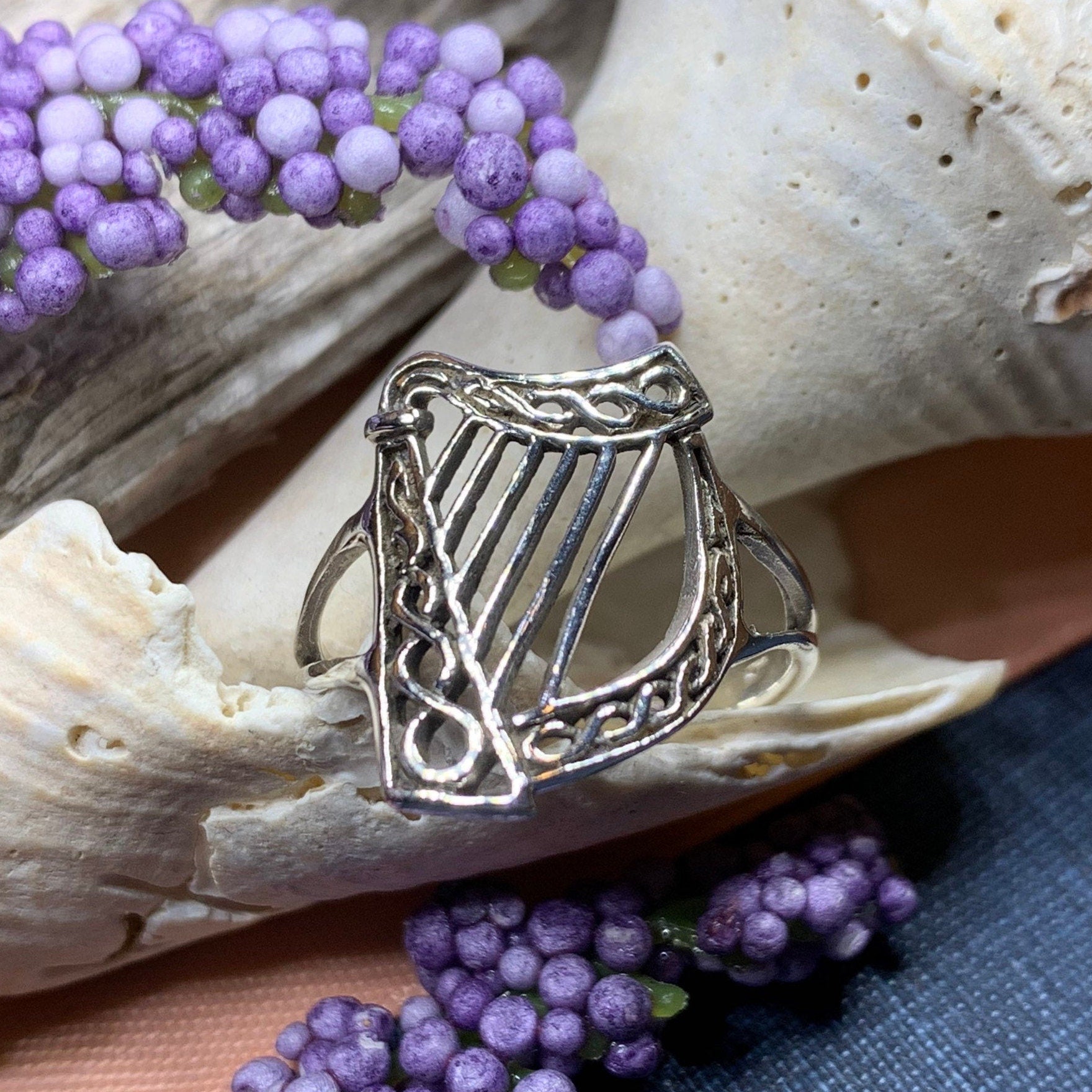Green Isle Celtic Harp Ring - Irish Ring in Sterling Silver