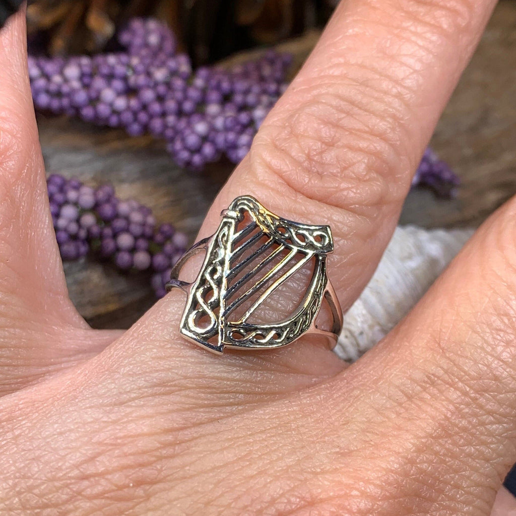 Green Isle Celtic Harp Ring - Irish Ring in Sterling Silver