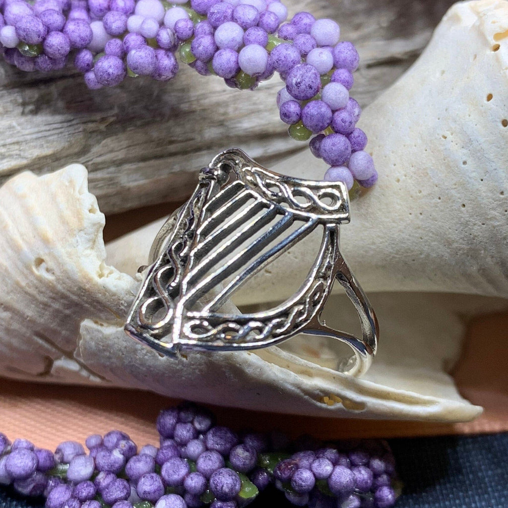 Green Isle Celtic Harp Ring - Irish Ring in Sterling Silver