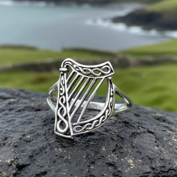 Green Isle Celtic Harp Ring - Irish Ring in Sterling Silver