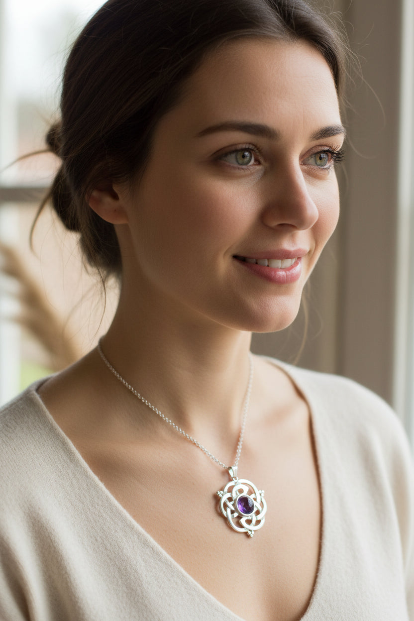 Kyrie Amethyst Celtic Knot Necklace - Handmade in Scotland