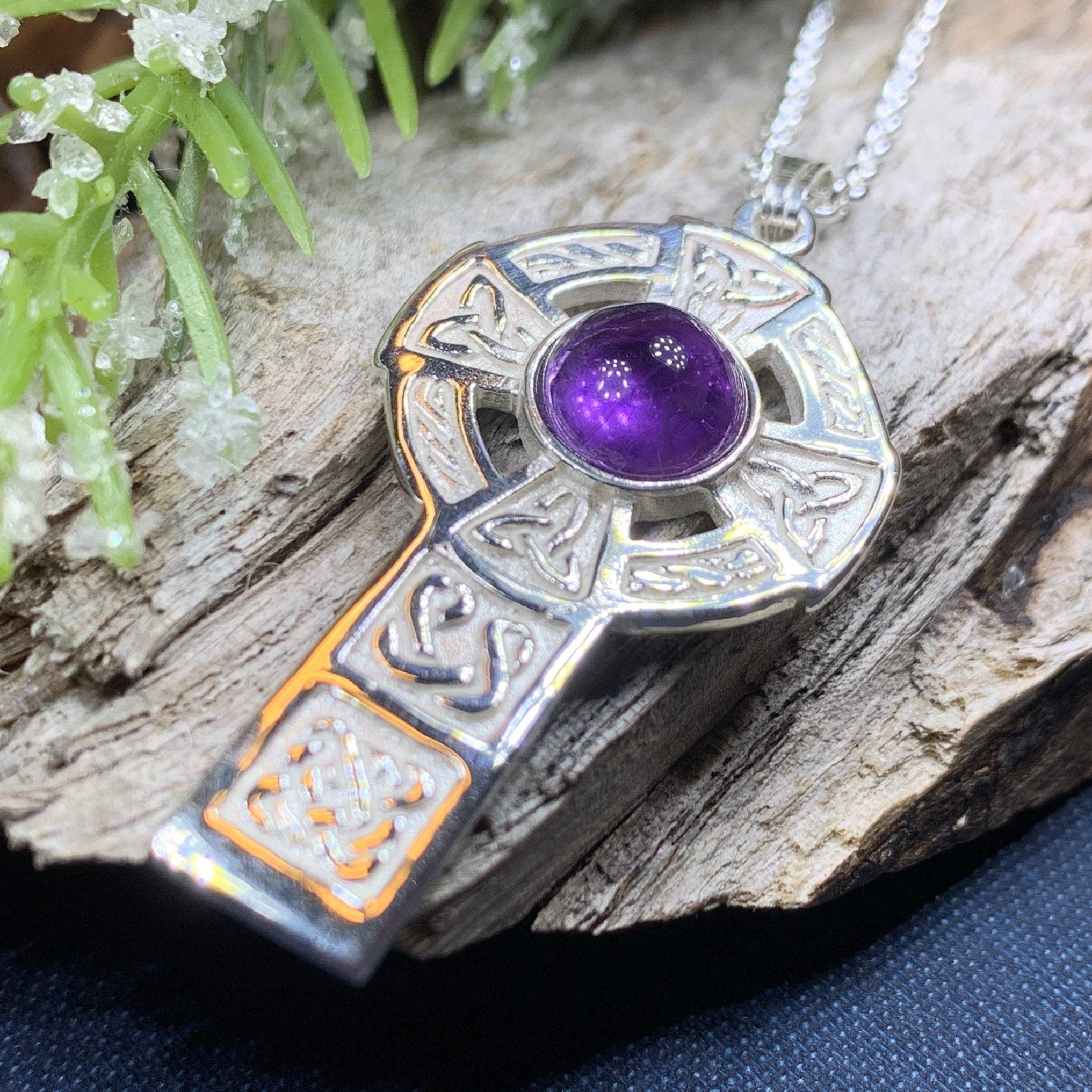 Amethyst Celtic Cross Necklace - Handmade in Scotland