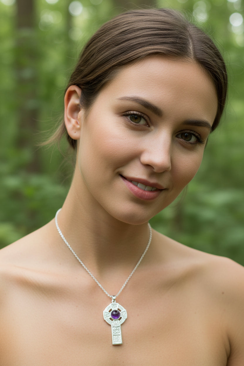 Amethyst Celtic Cross Necklace - Handmade in Scotland