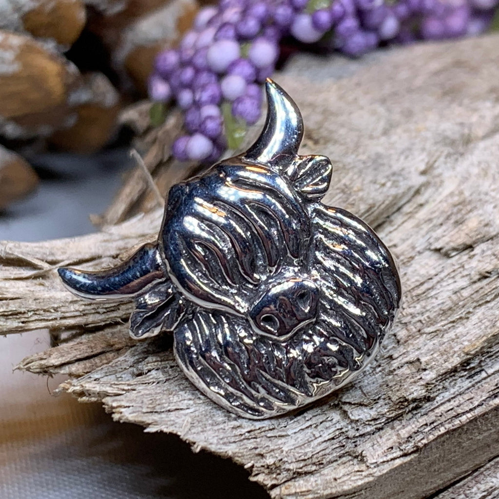 Shaggy Highland Cow Lapel Pin in Sterling Silver