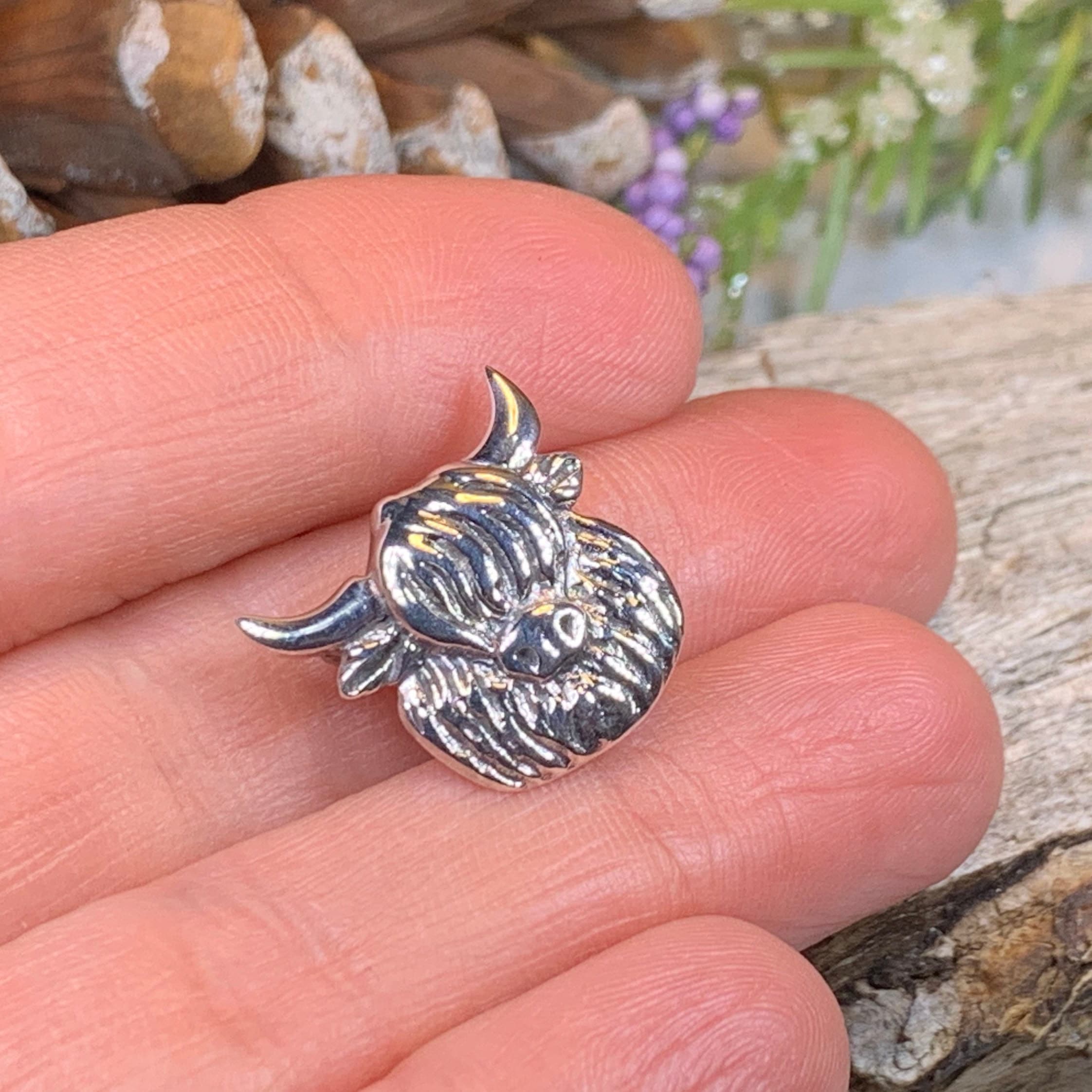 Shaggy Highland Cow Lapel Pin in Sterling Silver