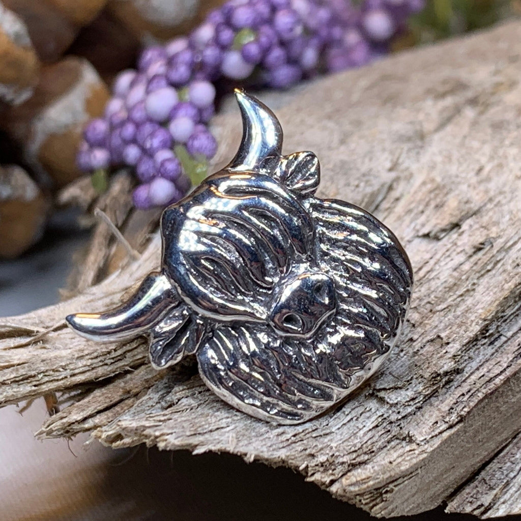 Shaggy Highland Cow Lapel Pin in Sterling Silver