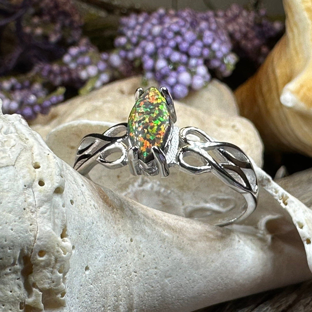 Astrid Celtic Fire Opal Ring in Sterling Silver