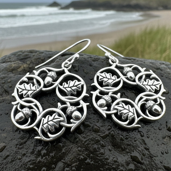 Sterling Silver Oak Leaf Wreath Earrings for Women