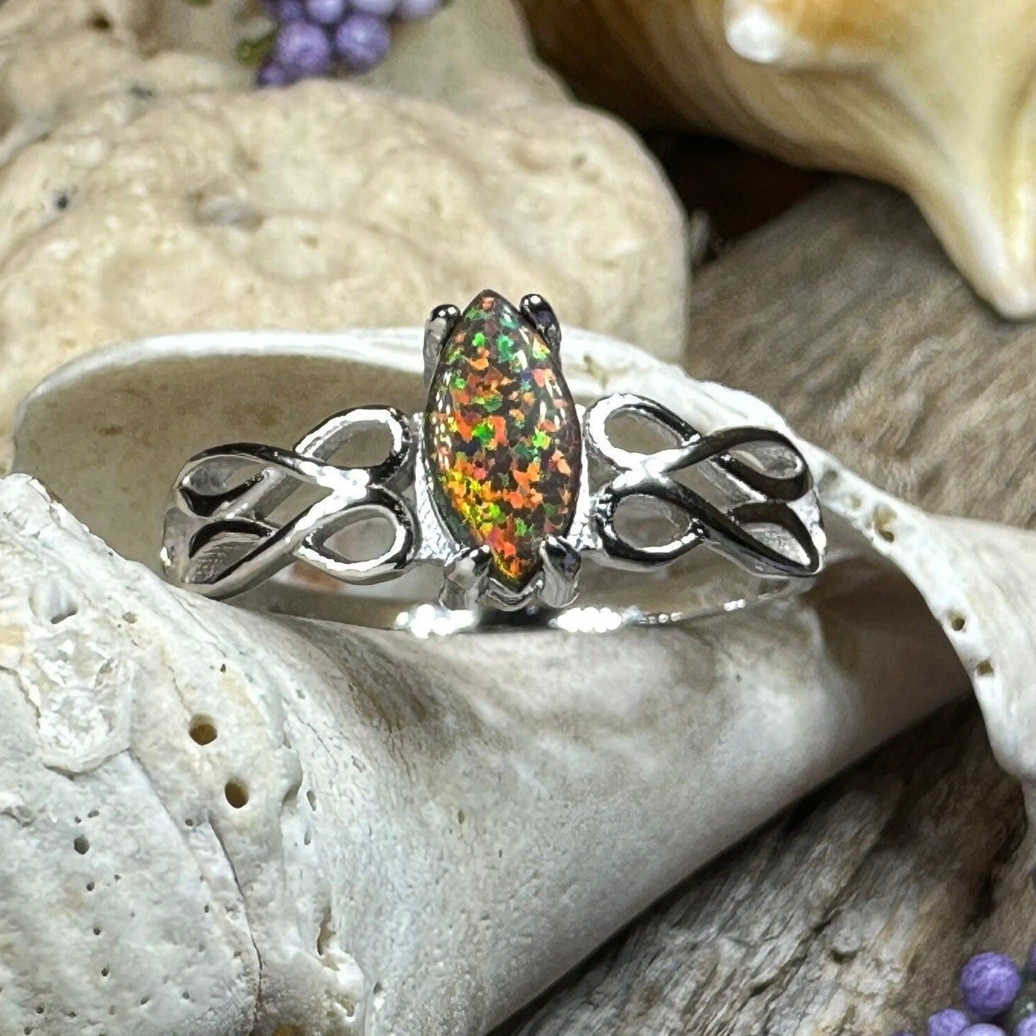 Astrid Celtic Fire Opal Ring in Sterling Silver