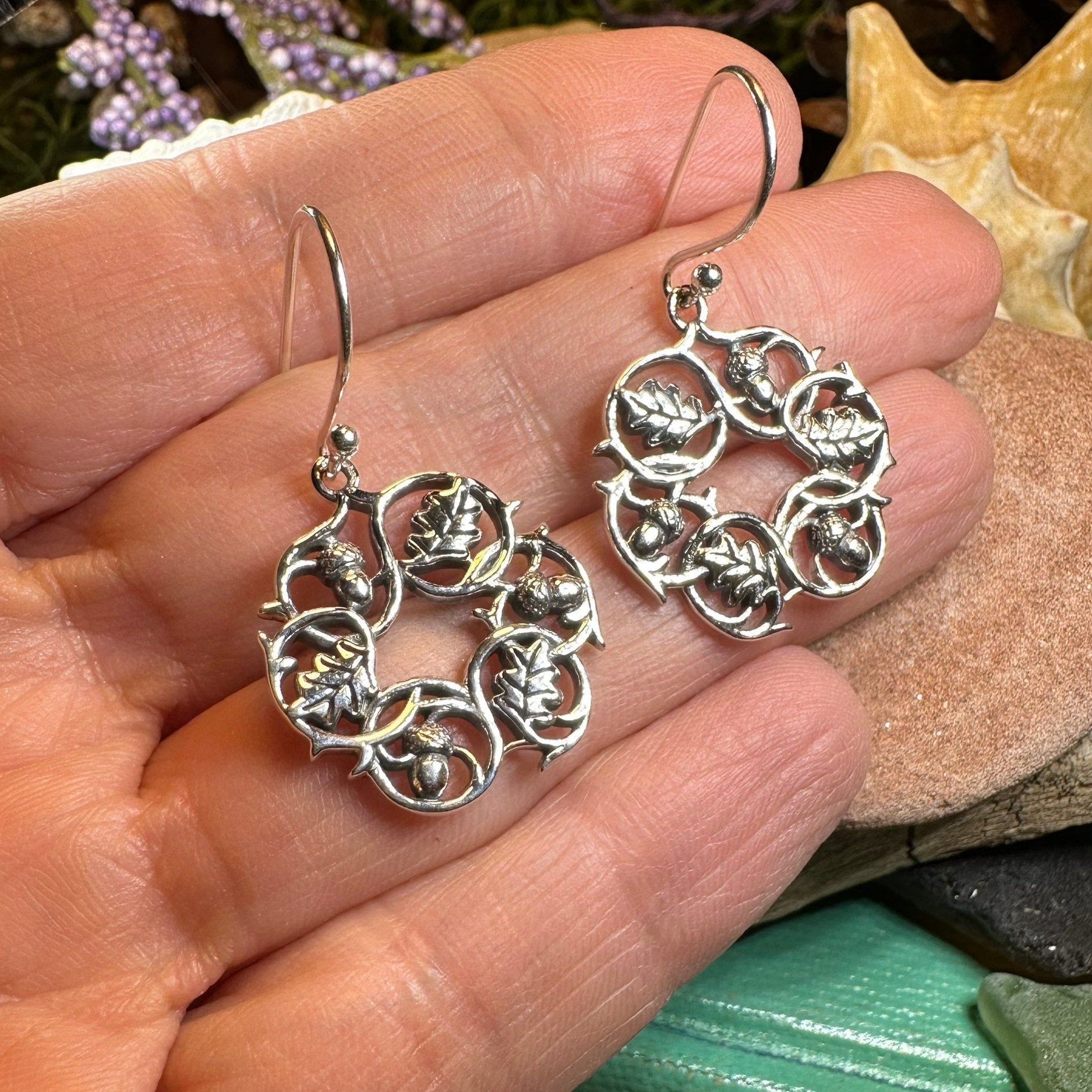 Sterling Silver Oak Leaf Wreath Earrings for Women