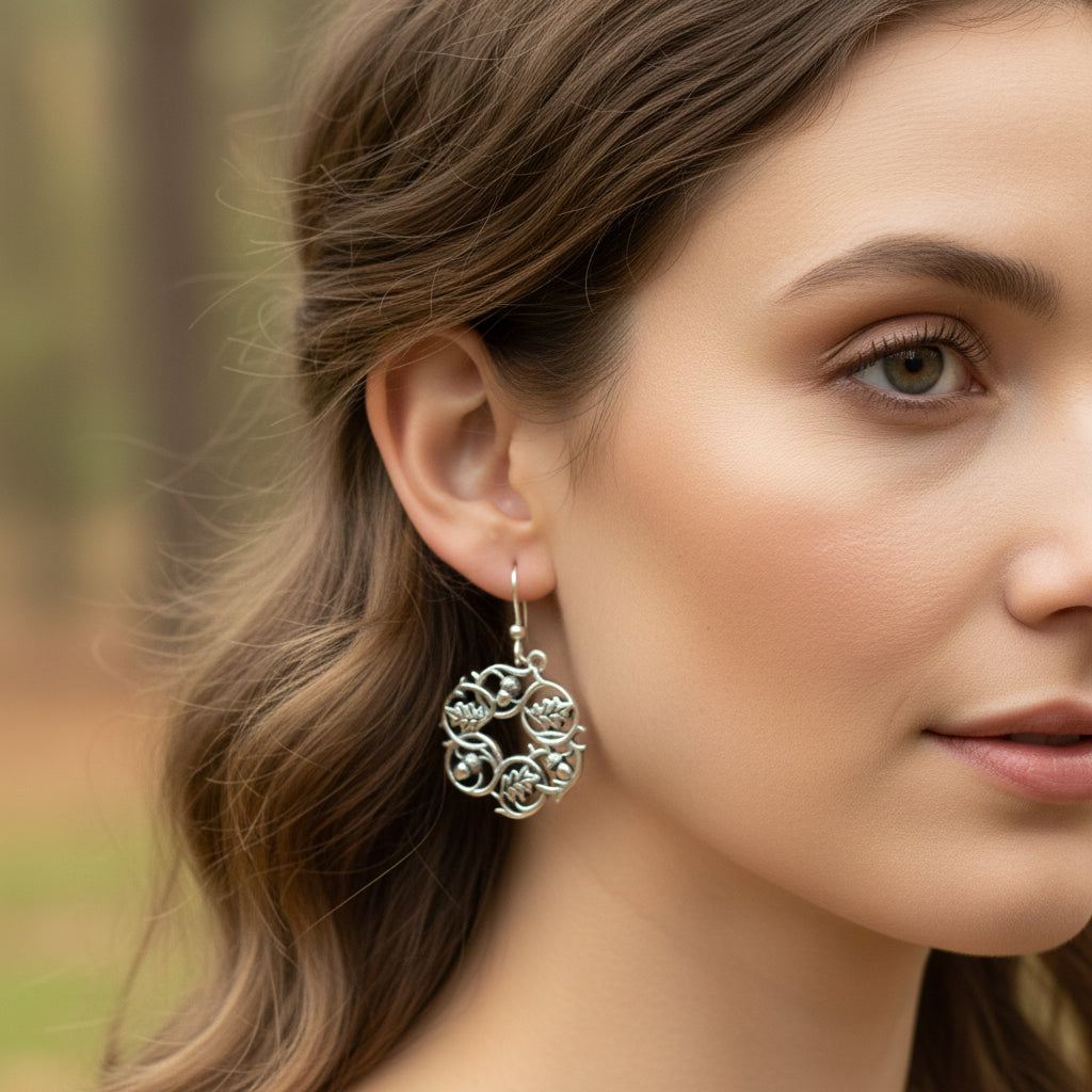 Sterling Silver Oak Leaf Wreath Earrings for Women