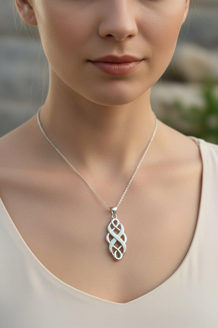 Fire Opal Celtic Infinity Necklace in Sterling Silver