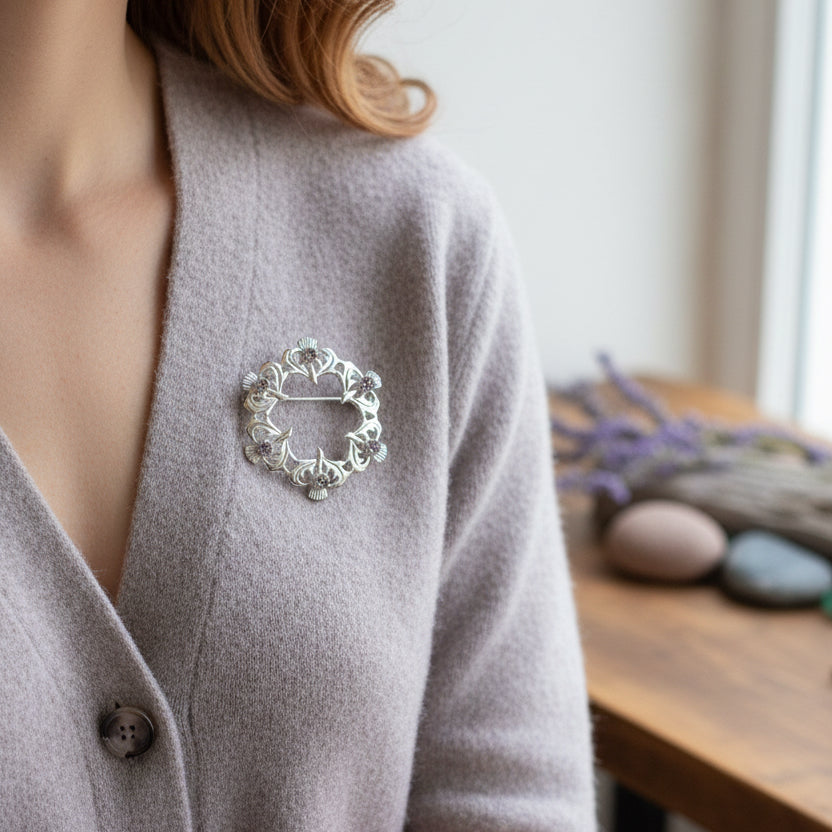 Arran Amethyst Thistle Brooch in Sterling Silver