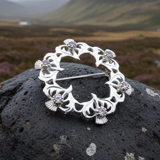 Arran Amethyst Thistle Brooch in Sterling Silver