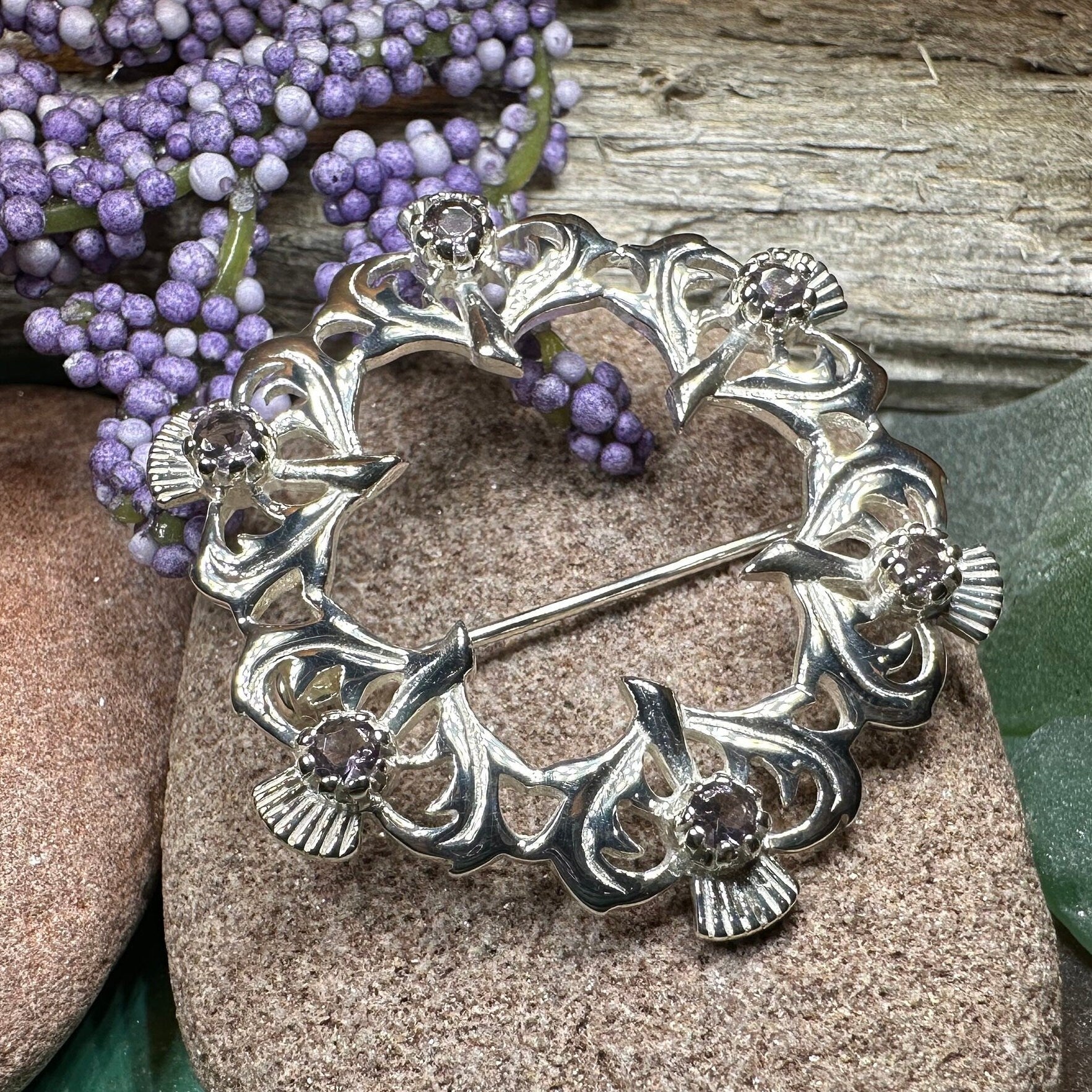 Arran Amethyst Thistle Brooch in Sterling Silver