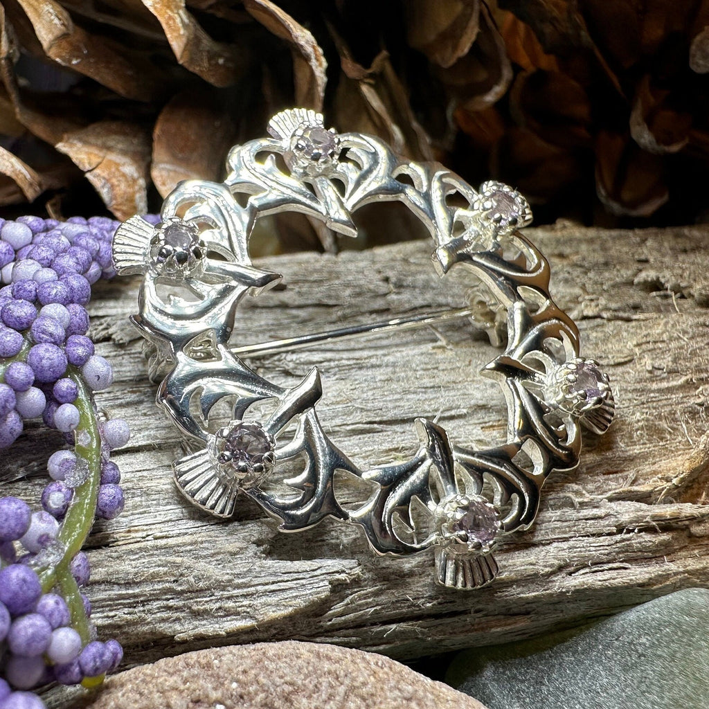 Arran Amethyst Thistle Brooch in Sterling Silver