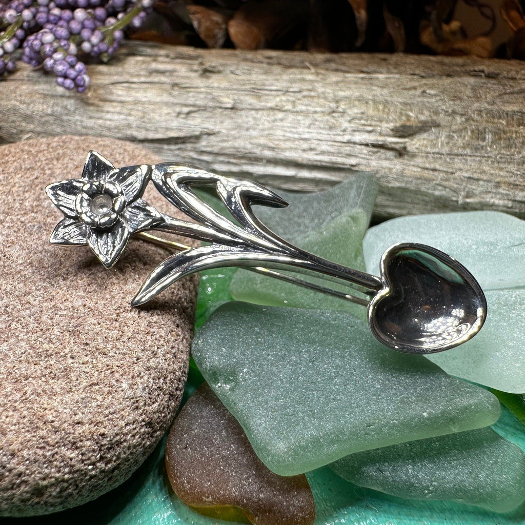 Welsh Daffodil Love Spoon Brooch in Sterling Silver