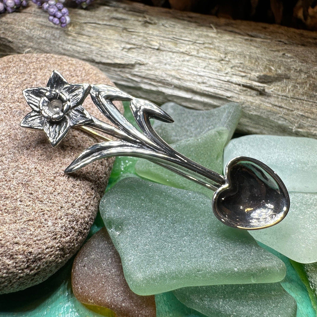 Welsh Daffodil Love Spoon Brooch in Sterling Silver