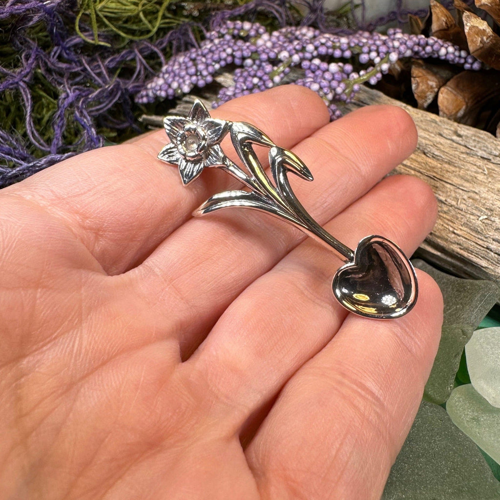 Welsh Daffodil Love Spoon Brooch in Sterling Silver