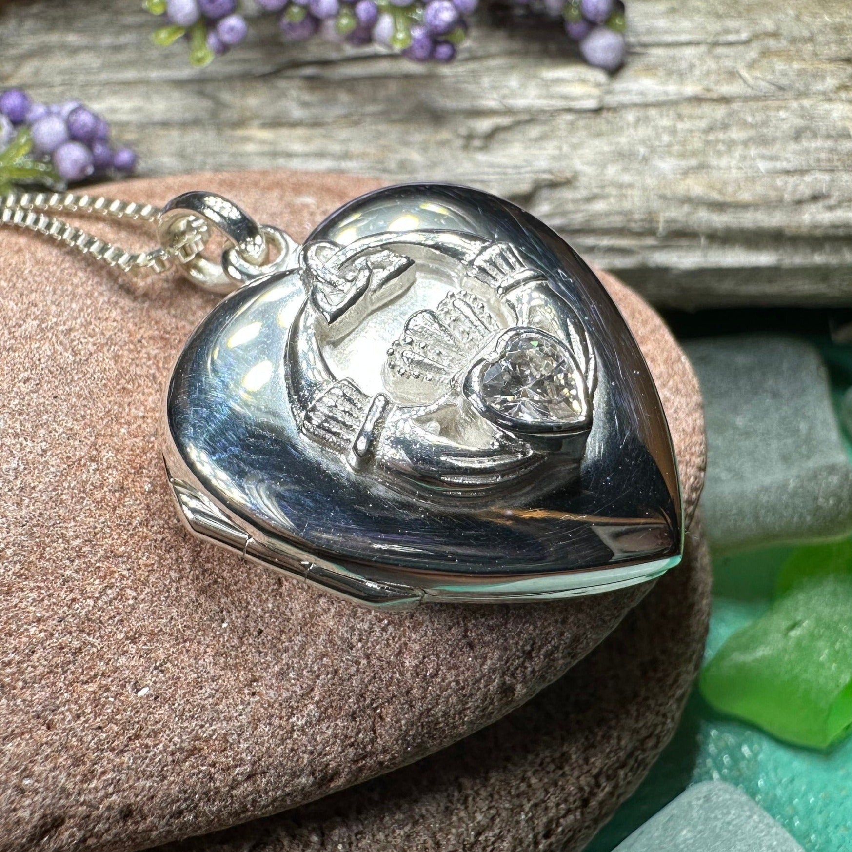 Aoife Irish Claddagh Locket Necklace in Sterling Silver