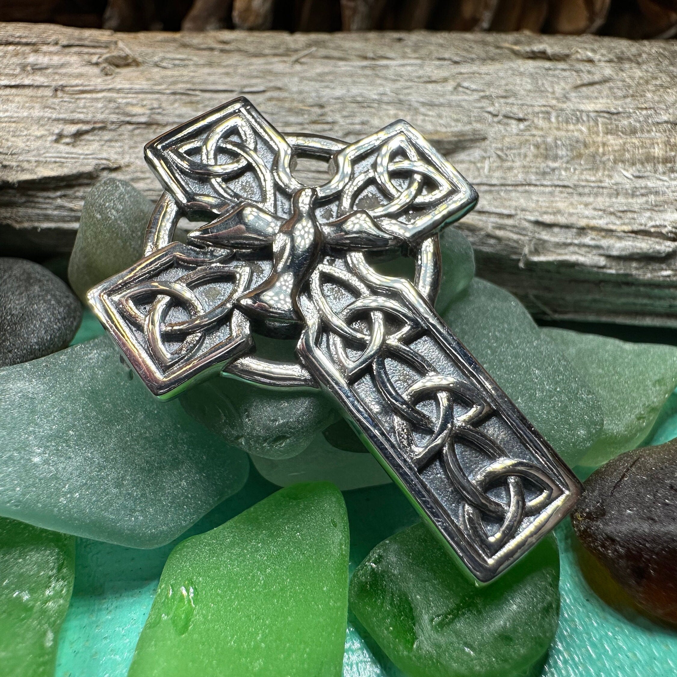 Celtic Cross Dove of Peace Brooch in Sterling Silver