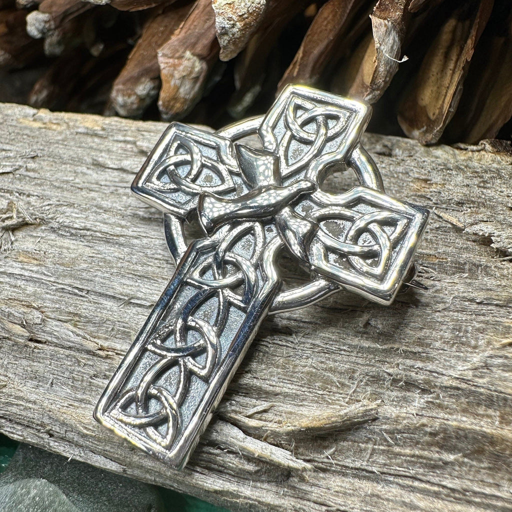 Celtic Cross Dove of Peace Brooch in Sterling Silver