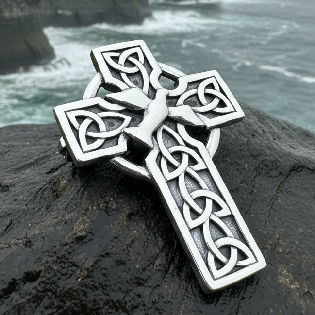 Celtic Cross Dove of Peace Brooch in Sterling Silver