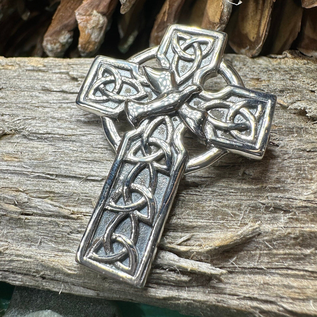 Celtic Cross Dove of Peace Brooch in Sterling Silver